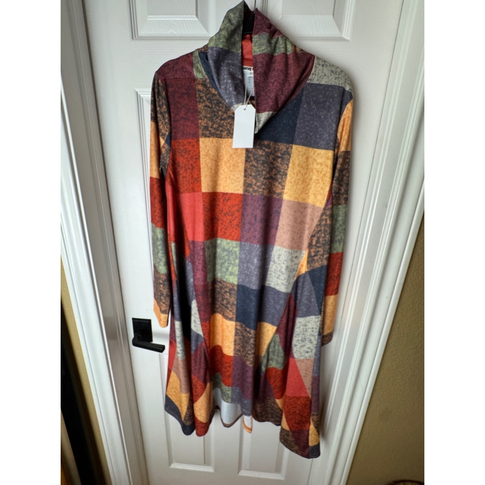 Patchwork Print Swing Dress Matching Scarf Long Sleeve Boho Artsy Earth Tones